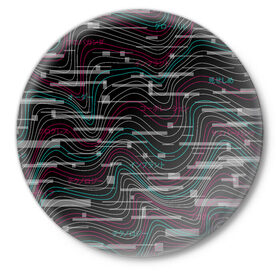 Значок с принтом Cyberpunk Waves в Екатеринбурге,  металл | круглая форма, металлическая застежка в виде булавки | cyberpunk | glitch | волны | глитч | киберпанк | узор | футуристичный