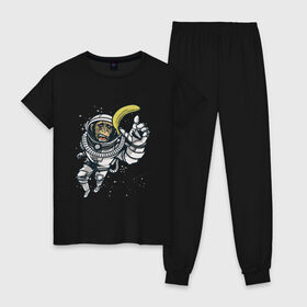 Женская пижама хлопок с принтом Шимпанзе космонавт с бананом в Екатеринбурге, 100% хлопок | брюки и футболка прямого кроя, без карманов, на брюках мягкая резинка на поясе и по низу штанин | astronaut | banana | nasa | астронавт | банан | в космосе | в скафандре | в шлеме | горилла | за бананом | звезды | космонавт | мартышка | наса | невесомость | обезьяна | пародия | полет | прикол | примат | ракета
