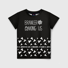 Детская футболка 3D с принтом Among Us + Brawl Stars в Екатеринбурге, 100% гипоаллергенный полиэфир | прямой крой, круглый вырез горловины, длина до линии бедер, чуть спущенное плечо, ткань немного тянется | among us | brawl | brawl stars | crewmate | crow | game | impostor | leon | logo | red | stars | амонг ac | амонгас | бравл старс | бравлы | ворон | игра | игры | импостер | космонавт | космос | крюмейт | леон | лого | логотип