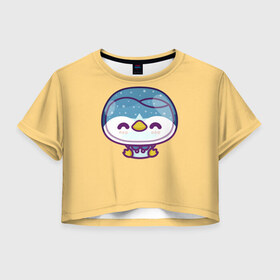 Женская футболка Crop-top 3D с принтом Пингвинёнок в Екатеринбурге, 100% полиэстер | круглая горловина, длина футболки до линии талии, рукава с отворотами | жёлтый фон | животные | звери | пингвин | пингвинёнок