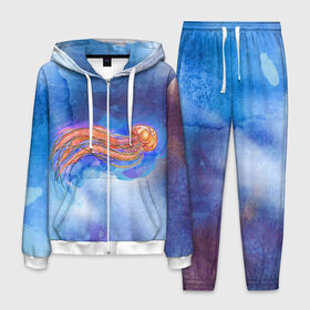 Мужской костюм 3D с принтом Медуза акварелью в Екатеринбурге, 100% полиэстер | Манжеты и пояс оформлены тканевой резинкой, двухслойный капюшон со шнурком для регулировки, карманы спереди | акварель | медуза | море | морская | океан | оранжевый | рисунок | синий