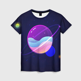 Женская футболка 3D с принтом Солнечная система в Екатеринбурге, 100% полиэфир ( синтетическое хлопкоподобное полотно) | прямой крой, круглый вырез горловины, длина до линии бедер | 