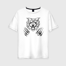 Женская футболка хлопок Oversize с принтом Дикая кошка в Екатеринбурге, 100% хлопок | свободный крой, круглый ворот, спущенный рукав, длина до линии бедер
 | animal | cat | lion | tiger | голова | животное | животные | зверь | киса | клыки | когти | кошка | лев | тигр | хищник