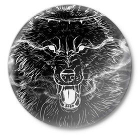 Значок с принтом Canis Inferos в Екатеринбурге,  металл | круглая форма, металлическая застежка в виде булавки | адская гончая | венок | волк | дым | злой | оскал | фазы луны