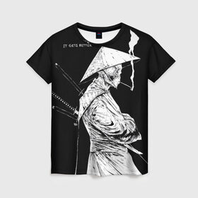 Женская футболка 3D с принтом Самурай скелет с трубкой в Екатеринбурге, 100% полиэфир ( синтетическое хлопкоподобное полотно) | прямой крой, круглый вырез горловины, длина до линии бедер | Тематика изображения на принте: ninja | samurai | shogun | бусидо путь воина | ниндзя | путь самурая | самурай | сёгун | скелет | харакири | японский самурай