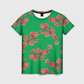 Женская футболка 3D с принтом Цветы айвы на зеленом фоне в Екатеринбурге, 100% полиэфир ( синтетическое хлопкоподобное полотно) | прямой крой, круглый вырез горловины, длина до линии бедер | 8 марта | flowers | summer | айва | ботаническая иллюстрация | весна | ветки | зеленый | коричневый | красный | лето | любовь | праздник | принт | природа | растения | цветы