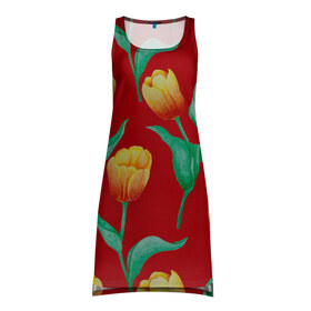 Платье-майка 3D с принтом Тюльпаны на красном фоне в Екатеринбурге, 100% полиэстер | полуприлегающий силуэт, широкие бретели, круглый вырез горловины, удлиненный подол сзади. | 8 марта | flowers | summer | ботаническая иллюстрация | весна | желтый | зеленый | красный | лето | любовь | праздник | принт | природа | растения | тюльпаны | цветы