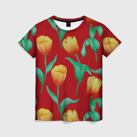 Женская футболка 3D с принтом Тюльпаны на красном фоне в Екатеринбурге, 100% полиэфир ( синтетическое хлопкоподобное полотно) | прямой крой, круглый вырез горловины, длина до линии бедер | 8 марта | flowers | summer | ботаническая иллюстрация | весна | желтый | зеленый | красный | лето | любовь | праздник | принт | природа | растения | тюльпаны | цветы