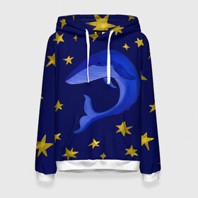 Женская толстовка 3D с принтом Звездный кит в Екатеринбурге, 100% полиэстер  | двухслойный капюшон со шнурком для регулировки, мягкие манжеты на рукавах и по низу толстовки, спереди карман-кенгуру с мягким внутренним слоем. | звезды | золотые | кит | ночное небо | синий | созвездие