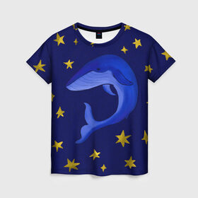 Женская футболка 3D с принтом Звездный кит в Екатеринбурге, 100% полиэфир ( синтетическое хлопкоподобное полотно) | прямой крой, круглый вырез горловины, длина до линии бедер | звезды | золотые | кит | ночное небо | синий | созвездие