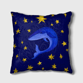 Подушка 3D с принтом Звездный кит в Екатеринбурге, наволочка – 100% полиэстер, наполнитель – холлофайбер (легкий наполнитель, не вызывает аллергию). | состоит из подушки и наволочки. Наволочка на молнии, легко снимается для стирки | Тематика изображения на принте: звезды | золотые | кит | ночное небо | синий | созвездие