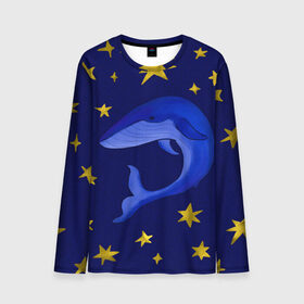 Мужской лонгслив 3D с принтом Звездный кит в Екатеринбурге, 100% полиэстер | длинные рукава, круглый вырез горловины, полуприлегающий силуэт | звезды | золотые | кит | ночное небо | синий | созвездие
