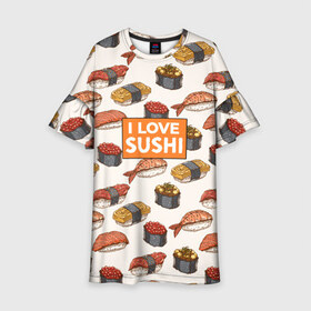 Детское платье 3D с принтом I love sushi Я люблю суши в Екатеринбурге, 100% полиэстер | прямой силуэт, чуть расширенный к низу. Круглая горловина, на рукавах — воланы | japan | japanese | виды суши | гункан | гунканы | икра | красная икра | красная рыба | креветка | лосось | маки | нигири | омлет | паттерн | ролл | роллы | сашими | суси | узор | фастфуд | форель | футомаки