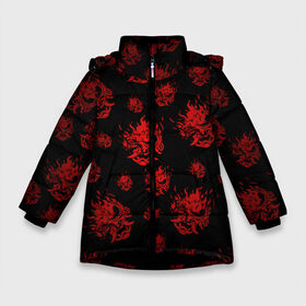 Зимняя куртка для девочек 3D с принтом RED SAMURAI PATTERN в Екатеринбурге, ткань верха — 100% полиэстер; подклад — 100% полиэстер, утеплитель — 100% полиэстер. | длина ниже бедра, удлиненная спинка, воротник стойка и отстегивающийся капюшон. Есть боковые карманы с листочкой на кнопках, утяжки по низу изделия и внутренний карман на молнии. 

Предусмотрены светоотражающий принт на спинке, радужный светоотражающий элемент на пуллере молнии и на резинке для утяжки. | 2019 | cd project red | cyberpunk 2077 | cyberpunk fashion | hacker | keanu reeves | maelstrom | militech | night city | quadra | samurai | samurai cyberpunk 2077 | sci fi | trauma team | v | ви | киану ривз | киберпанк 2077 | логотип | роботы | 