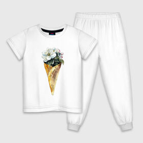 Детская пижама хлопок с принтом Мороженко в Екатеринбурге, 100% хлопок |  брюки и футболка прямого кроя, без карманов, на брюках мягкая резинка на поясе и по низу штанин
 | Тематика изображения на принте: акварель | букет | мороженое | цветы
