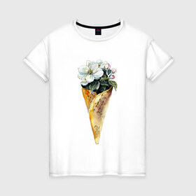 Женская футболка хлопок с принтом Мороженко в Екатеринбурге, 100% хлопок | прямой крой, круглый вырез горловины, длина до линии бедер, слегка спущенное плечо | акварель | букет | мороженое | цветы