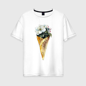 Женская футболка хлопок Oversize с принтом Мороженко в Екатеринбурге, 100% хлопок | свободный крой, круглый ворот, спущенный рукав, длина до линии бедер
 | акварель | букет | мороженое | цветы