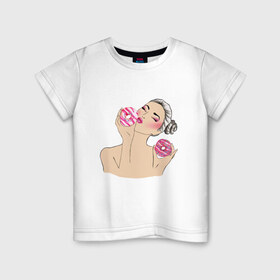 Детская футболка хлопок с принтом Моя любовь-пончики в Екатеринбурге, 100% хлопок | круглый вырез горловины, полуприлегающий силуэт, длина до линии бедер | вкусно | девушка | пончик | сладости