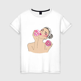Женская футболка хлопок с принтом Моя любовь-пончики в Екатеринбурге, 100% хлопок | прямой крой, круглый вырез горловины, длина до линии бедер, слегка спущенное плечо | вкусно | девушка | пончик | сладости