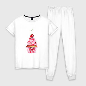 Женская пижама хлопок с принтом Капкейк в Екатеринбурге, 100% хлопок | брюки и футболка прямого кроя, без карманов, на брюках мягкая резинка на поясе и по низу штанин | Тематика изображения на принте: вишенка | к чаю | кекс | крем