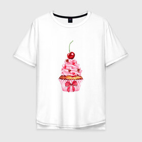 Мужская футболка хлопок Oversize с принтом Капкейк в Екатеринбурге, 100% хлопок | свободный крой, круглый ворот, “спинка” длиннее передней части | вишенка | к чаю | кекс | крем
