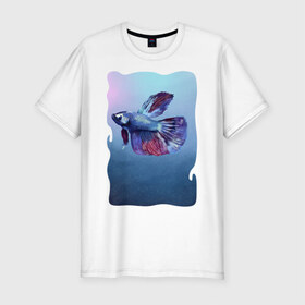 Мужская футболка хлопок Slim с принтом Рыбка в Екатеринбурге, 92% хлопок, 8% лайкра | приталенный силуэт, круглый вырез ворота, длина до линии бедра, короткий рукав | tegunvteg | акварель | аквариумнаярыбка | вода | петушок | рыбка