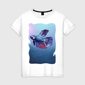 Женская футболка хлопок с принтом Рыбка в Екатеринбурге, 100% хлопок | прямой крой, круглый вырез горловины, длина до линии бедер, слегка спущенное плечо | tegunvteg | акварель | аквариумнаярыбка | вода | петушок | рыбка