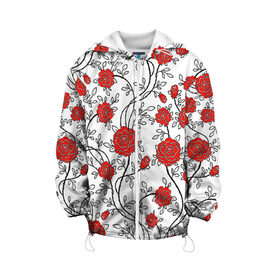 Детская куртка 3D с принтом Цветы в Екатеринбурге, 100% полиэстер | застежка — молния, подол и капюшон оформлены резинкой с фиксаторами, по бокам — два кармана без застежек, один потайной карман на груди, плотность верхнего слоя — 90 г/м2; плотность флисового подклада — 260 г/м2 | Тематика изображения на принте: flowers | roses | white | букет | китайский | листья | орнамент | паттерн | растения | розы | текстуры | узор | цветы