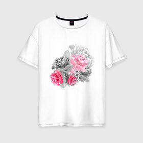 Женская футболка хлопок Oversize с принтом Букет в Екатеринбурге, 100% хлопок | свободный крой, круглый ворот, спущенный рукав, длина до линии бедер
 | акварель | девушка | нежность | пионы | цветы