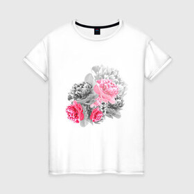 Женская футболка хлопок с принтом Букет в Екатеринбурге, 100% хлопок | прямой крой, круглый вырез горловины, длина до линии бедер, слегка спущенное плечо | акварель | девушка | нежность | пионы | цветы