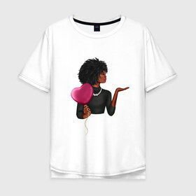 Мужская футболка хлопок Oversize с принтом Девушка с шариком в Екатеринбурге, 100% хлопок | свободный крой, круглый ворот, “спинка” длиннее передней части | анфас | афро | любовь | ня | ожерелье