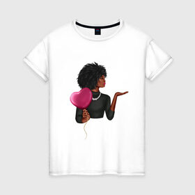Женская футболка хлопок с принтом Девушка с шариком в Екатеринбурге, 100% хлопок | прямой крой, круглый вырез горловины, длина до линии бедер, слегка спущенное плечо | анфас | афро | любовь | ня | ожерелье