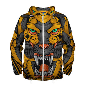 Мужская ветровка 3D с принтом Хищный тигр киборг в Екатеринбурге, 100% полиэстер | подол и капюшон оформлены резинкой с фиксаторами, два кармана без застежек по бокам, один потайной карман на груди | art | cyber | head | lion | mechanical | tiger | арт | кибер | лев | механический | монстр | робот | тигр