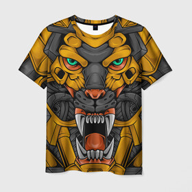 Мужская футболка 3D с принтом Хищный тигр киборг в Екатеринбурге, 100% полиэфир | прямой крой, круглый вырез горловины, длина до линии бедер | art | cyber | head | lion | mechanical | tiger | арт | кибер | лев | механический | монстр | робот | тигр