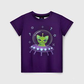 Детская футболка 3D с принтом Инопланетный кот НЛО в Екатеринбурге, 100% гипоаллергенный полиэфир | прямой крой, круглый вырез горловины, длина до линии бедер, чуть спущенное плечо, ткань немного тянется | neon | space | вселенная | звезды | зеленые человечки | инопланетяне | космос | кот | неон | нло | огни | тарелка