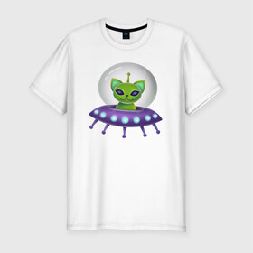 Мужская футболка хлопок Slim с принтом Инопланетный кот в Екатеринбурге, 92% хлопок, 8% лайкра | приталенный силуэт, круглый вырез ворота, длина до линии бедра, короткий рукав | neon | space | вселенная | звезды | зеленые человечки | инопланетяне | космос | кот | неон | нло | огни | тарелка