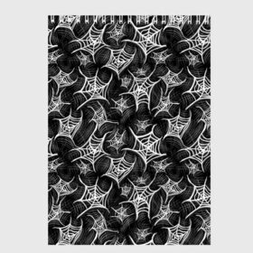 Скетчбук с принтом Паутина готичная в Екатеринбурге, 100% бумага
 | 48 листов, плотность листов — 100 г/м2, плотность картонной обложки — 250 г/м2. Листы скреплены сверху удобной пружинной спиралью | Тематика изображения на принте: готика | готичный | мрачный | паук | паутина | рок | узор | хэллоуин | черно белый | черный