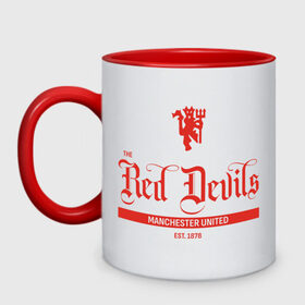 Кружка двухцветная с принтом MU Red Devils в Екатеринбурге, керамика | объем — 330 мл, диаметр — 80 мм. Цветная ручка и кайма сверху, в некоторых цветах — вся внутренняя часть | devils | fc | manchester | mu | red | united | англия | дьяволы | красные | манчестер | мю | юнайтед