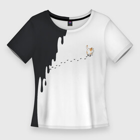 Женская футболка 3D Slim с принтом Кот оставляет следы в Екатеринбурге,  |  | cat | залил | испачкал | кот | котик | краска | лапки | наследил | приколы | следы