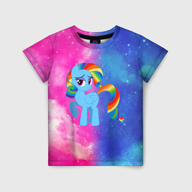 Детская футболка 3D с принтом Радуга Дэш в Екатеринбурге, 100% гипоаллергенный полиэфир | прямой крой, круглый вырез горловины, длина до линии бедер, чуть спущенное плечо, ткань немного тянется | Тематика изображения на принте: baby | girl | horse | kawaii | luna | my little pony | princess | rainbow | rainbow dash | девочкам | девочки | детям | единорог | животные | кавайный | конь | лошадь | луна | малыш | облака | пегас | пинки пай | пони | радуга дэш