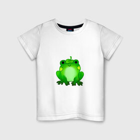 Детская футболка хлопок с принтом Жаба с листиком в Екатеринбурге, 100% хлопок | круглый вырез горловины, полуприлегающий силуэт, длина до линии бедер | Тематика изображения на принте: жаба | зеленая | лягуха | лягушка | милая | с листочком