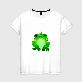 Женская футболка хлопок с принтом Жаба с листиком в Екатеринбурге, 100% хлопок | прямой крой, круглый вырез горловины, длина до линии бедер, слегка спущенное плечо | жаба | зеленая | лягуха | лягушка | милая | с листочком