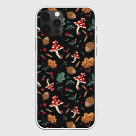 Чехол для iPhone 12 Pro Max с принтом Лесной принт с мухоморами в Екатеринбурге, Силикон |  | Тематика изображения на принте: грибы | желуди | лесной | листья | мухоморы | узор | черный