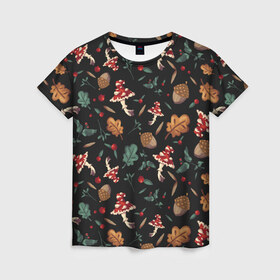 Женская футболка 3D с принтом Лесной принт с мухоморами в Екатеринбурге, 100% полиэфир ( синтетическое хлопкоподобное полотно) | прямой крой, круглый вырез горловины, длина до линии бедер | Тематика изображения на принте: грибы | желуди | лесной | листья | мухоморы | узор | черный