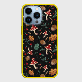 Чехол для iPhone 13 Pro с принтом Лесной принт с мухоморами в Екатеринбурге,  |  | грибы | желуди | лесной | листья | мухоморы | узор | черный