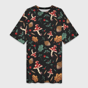 Платье-футболка 3D с принтом Лесной принт с мухоморами в Екатеринбурге,  |  | Тематика изображения на принте: грибы | желуди | лесной | листья | мухоморы | узор | черный