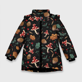 Зимняя куртка для девочек 3D с принтом Лесной принт с мухоморами в Екатеринбурге, ткань верха — 100% полиэстер; подклад — 100% полиэстер, утеплитель — 100% полиэстер. | длина ниже бедра, удлиненная спинка, воротник стойка и отстегивающийся капюшон. Есть боковые карманы с листочкой на кнопках, утяжки по низу изделия и внутренний карман на молнии. 

Предусмотрены светоотражающий принт на спинке, радужный светоотражающий элемент на пуллере молнии и на резинке для утяжки. | Тематика изображения на принте: грибы | желуди | лесной | листья | мухоморы | узор | черный