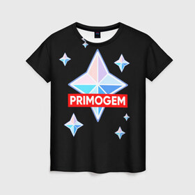 Женская футболка 3D с принтом PRIMOGEM в Екатеринбурге, 100% полиэфир ( синтетическое хлопкоподобное полотно) | прямой крой, круглый вырез горловины, длина до линии бедер | genshin | genshin impact | legendary | primogem | roll | геншин | геншин импакт | молитва | примогем | хочу верить