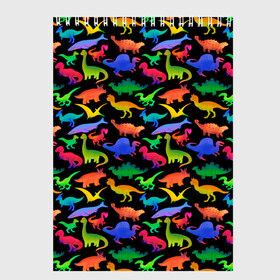 Скетчбук с принтом Яркие динозавры в Екатеринбурге, 100% бумага
 | 48 листов, плотность листов — 100 г/м2, плотность картонной обложки — 250 г/м2. Листы скреплены сверху удобной пружинной спиралью | Тематика изображения на принте: дино | динозавры | диносы | разноцветные | хищные | цветные | юрский период