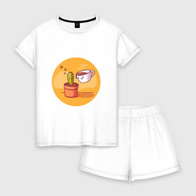 Женская пижама с шортиками хлопок с принтом Кофе и Кактус в Екатеринбурге, 100% хлопок | футболка прямого кроя, шорты свободные с широкой мягкой резинкой | кактус | кофе | мило | спит